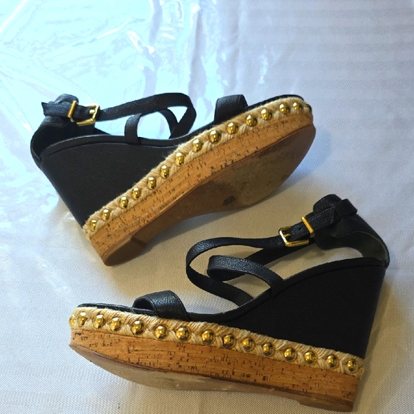 🌸Via Spiga Cork Bottom Black and Gold Wedge Sandals 9 - Picture 2 of 9